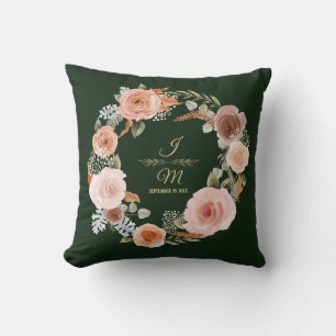 Floral Blush Peony Leaves Watercolor Forest Green Cushion
