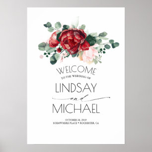 Floral Blush Pink and Burgundy Red Wedding Poster