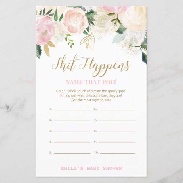 Floral Blush Pink and Gold Baby Shower Game PRINT (Front)