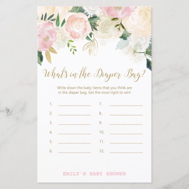 Floral Blush Pink and Gold Baby Shower Game PRINT (Front)