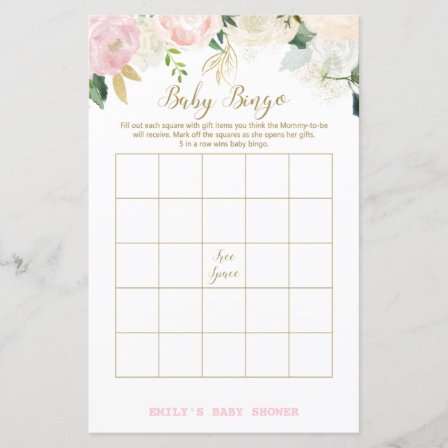 Floral Blush Pink and Gold Baby Shower Game PRINT (Front)