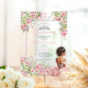 Floral Blush Pink and Green Butterfly Quinceañera Acrylic Invitations