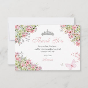 Floral Blush Pink and Green Butterfly Quinceañera Thank You Card