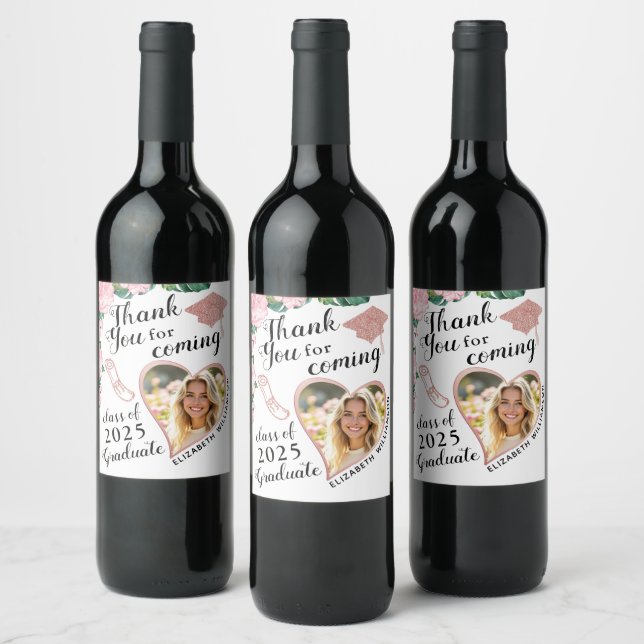 Floral Blush Pink and White Graduation Thank You Wine Label (Bottles)