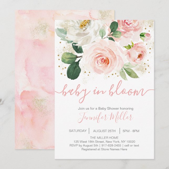 Floral Blush Pink Baby In Bloom Baby Shower Invitation (Front/Back)