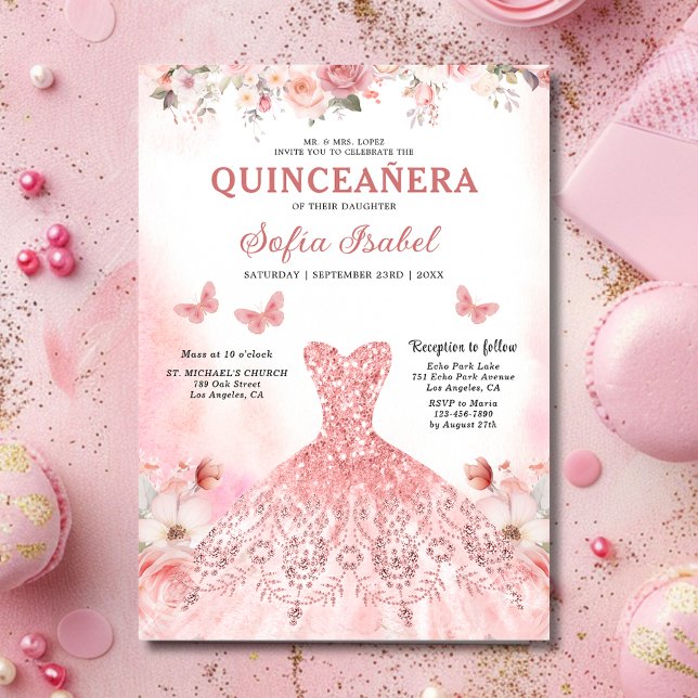 Floral Blush Pink Bilingual Spanish Quinceanera Invitation (Creator Uploaded)