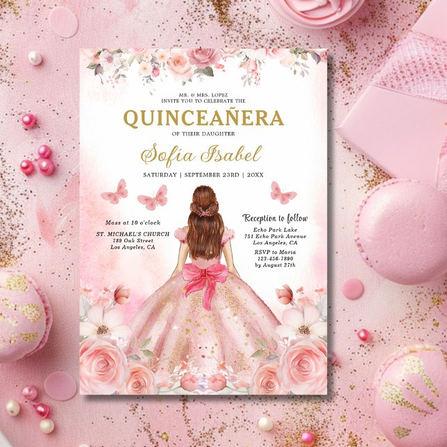 Floral Blush Pink Bilingual Spanish Quinceanera Invitation (Creator Uploaded)