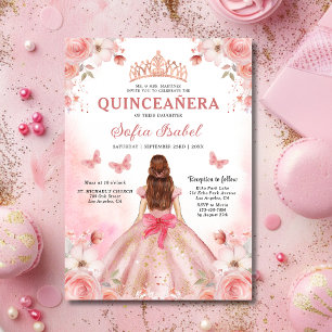 Floral Blush Pink Bilingual Spanish Quinceanera Invitation