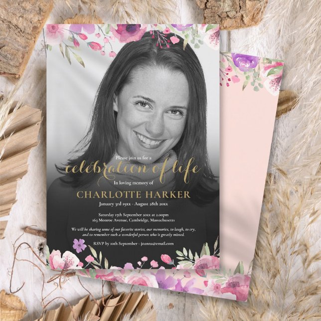 Floral Blush Pink Black and White Photo Funeral Invitation (Floral Blush Pink Black and White Photo Funeral Invitation)