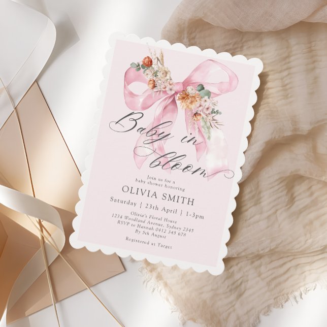 Floral Blush Pink Bow Baby in Bloom Baby Shower  Invitation (Creator Uploaded)