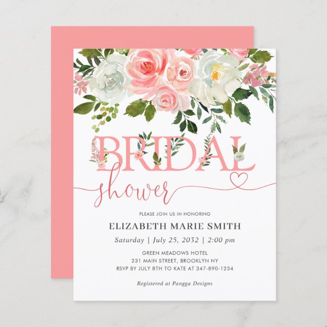 Floral Blush Pink Budget Bridal Shower Invitation (Front/Back)