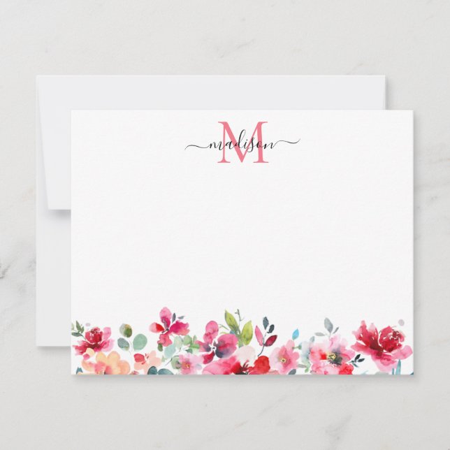 Floral Blush Pink Burgundy Red Rose Peony Monogram Card (Front)