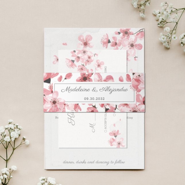 Floral blush pink cherry blossoms romantic wedding invitation belly band (Creator Uploaded)