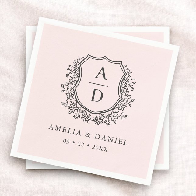 Floral Blush Pink Crest Wedding Monogram Napkin (Creator Uploaded)