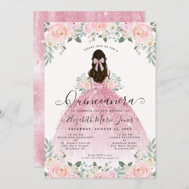 Floral Blush Pink Dress 15th Birthday Quinceanera Invitation (Front/Back)