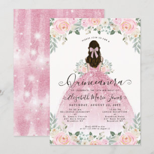 Floral Blush Pink Dress 15th Birthday Quinceanera Invitation