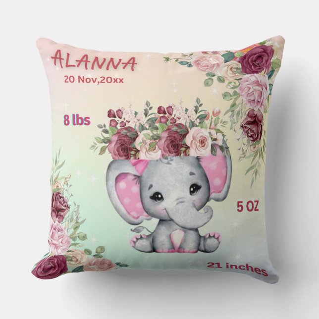 Floral Blush Pink Elephant Baby Birth Stats Cushion (Front)