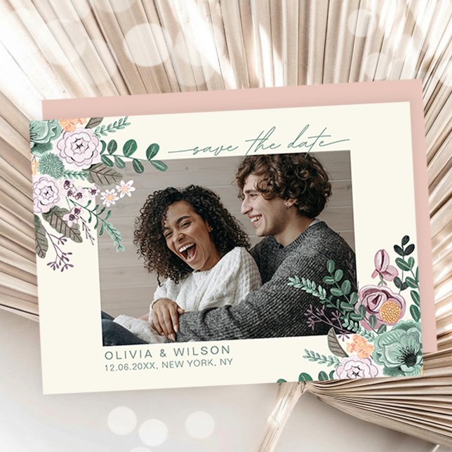 Floral blush pink eucalyptus greenery  save the da date (Elegant Botanical Photo Save the Date Announcement)