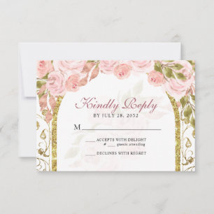 Floral Blush Pink Gold Arch Quinceañera RSVP Card