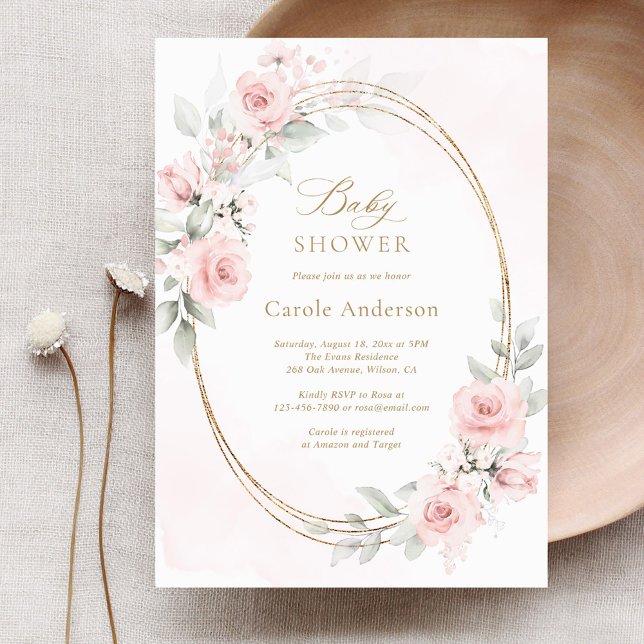 Floral Blush Pink Gold Baby Girl Shower Invitation (Creator Uploaded)
