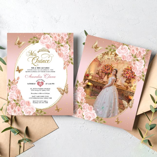 Floral Blush Pink Gold Butterfly Photo Quinceañera (Creator Uploaded)