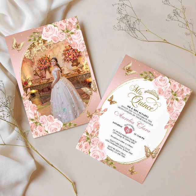 Floral Blush Pink Gold Butterfly Photo Quinceañera Invitation (Creator Uploaded)