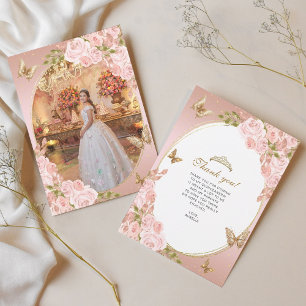 Floral Blush Pink Gold Butterfly Quinceañera Photo Thank You Card