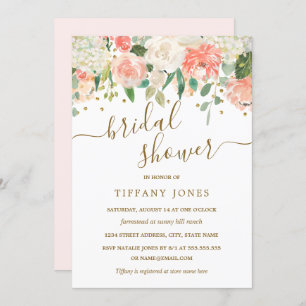 Floral Blush Pink Gold Confetti Bridal Shower Invitation