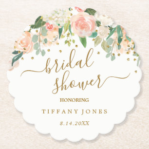 Floral Blush Pink Gold Confetti Bridal Shower Paper Coaster