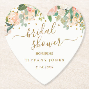 Floral Blush Pink Gold Confetti Bridal Shower Paper Coaster
