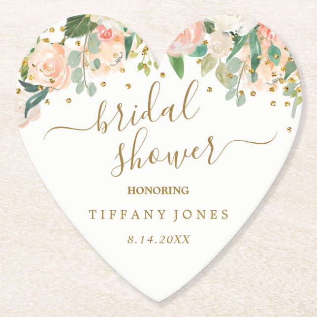 Floral Blush Pink Gold Confetti Bridal Shower Paper Coaster (Front)