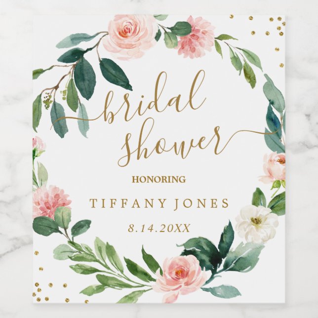 Floral Blush Pink Gold Confetti Bridal Shower Wine Label (Single Label)