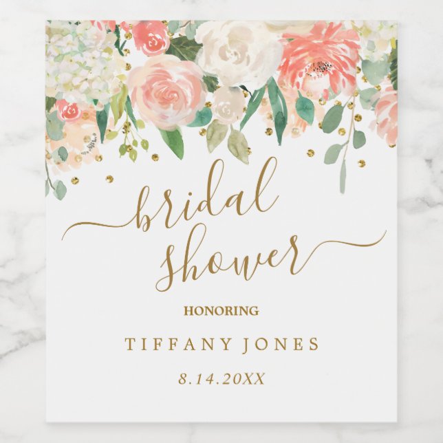 Floral Blush Pink Gold Confetti Bridal Shower Wine Label (Single Label)