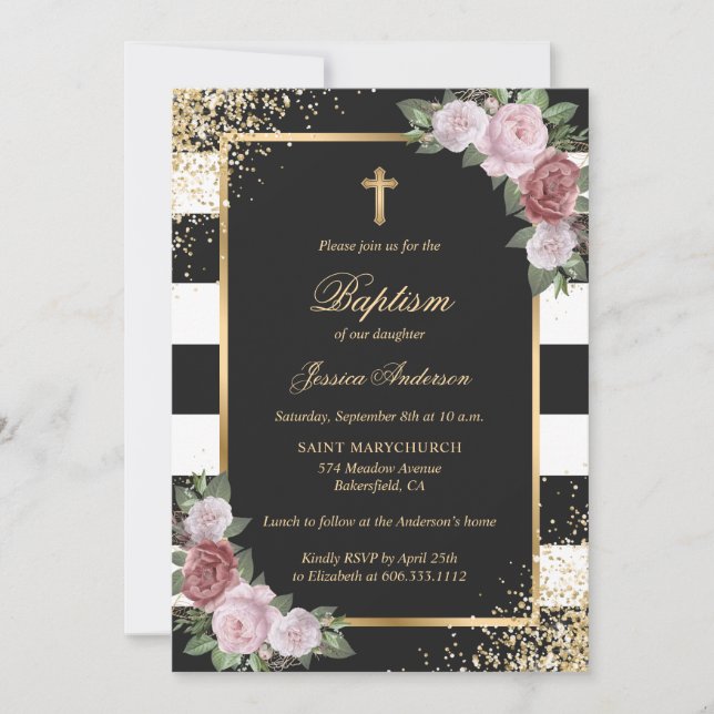 Floral Blush Pink Gold Cross Black Elegant Baptism Invitation (Front)