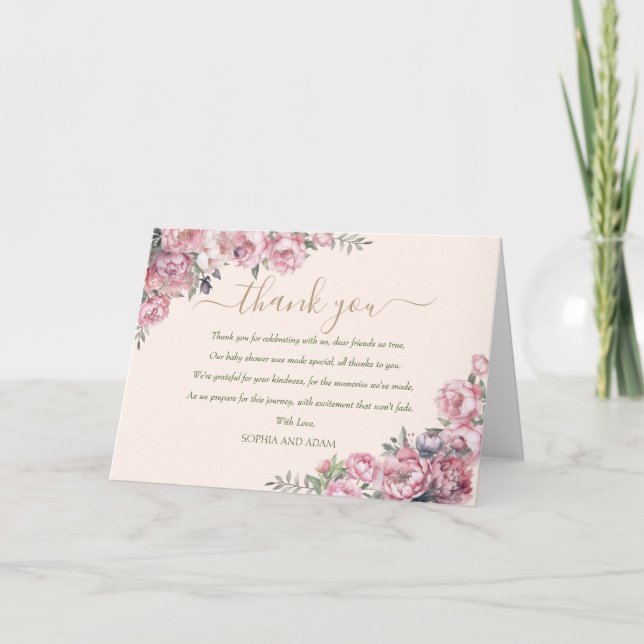 Floral Blush Pink Gold Elegant Baby Shower Thank You Card (Front)