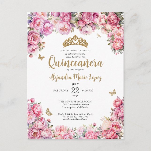 Floral Blush Pink Gold Glitter Tiara Quinceañera Postcard (Front)