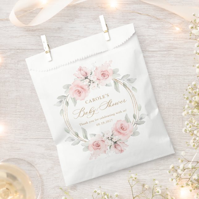 Floral Blush Pink Gold Greenery Baby Shower Favour Bag (Clipped)