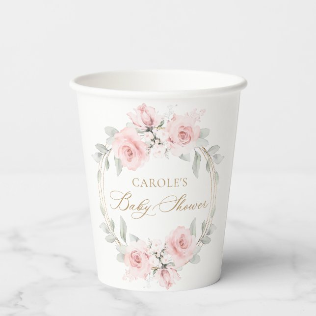 Floral Blush Pink Gold Greenery Baby Shower Paper Cups (Back)