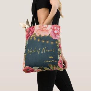 Floral blush pink gold navy maid oh honour tote bag