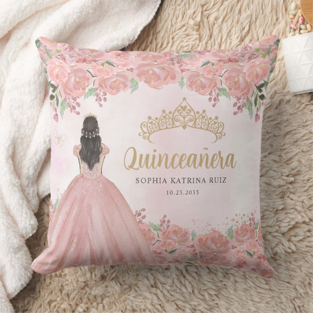 Floral Blush Pink Gold Princess Tiara Quinceanera  Cushion (Blanket)