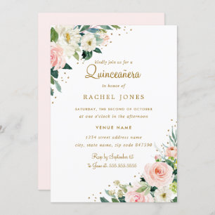 Floral Blush Pink Gold Quinceanera Invitation