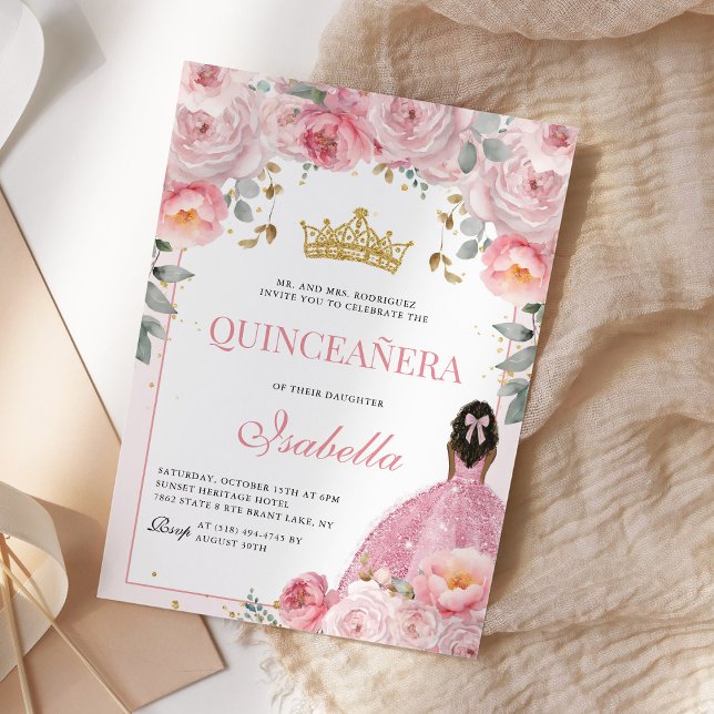 Floral Blush Pink Gold Quinceanera Princess Invitation (Creator Uploaded)