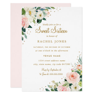 Floral Blush Pink Gold Sweet Sixteen Invitation