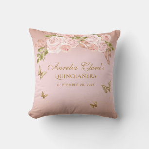 Floral Blush Pink Gold Tiara Butterfly Guest Book Cushion