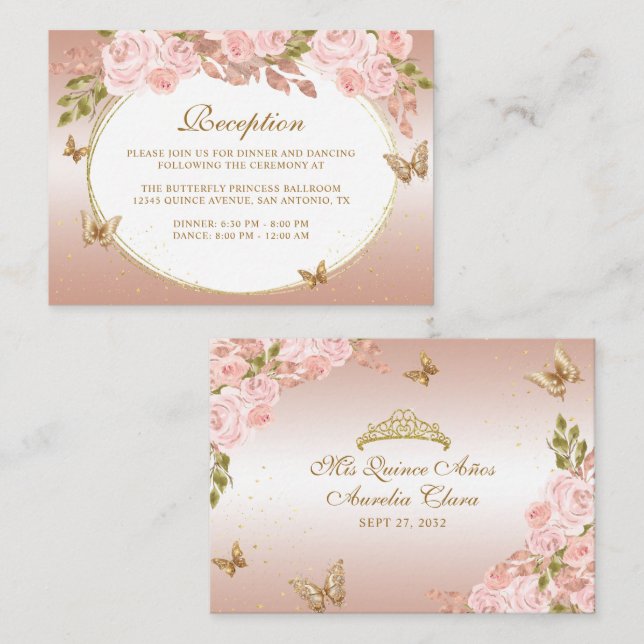 Floral Blush Pink Gold Tiara Butterfly Quinceañera Enclosure Card (Front/Back)
