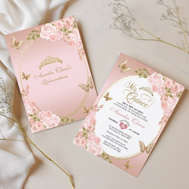 Floral Blush Pink Gold Tiara Butterfly Quinceañera Invitation (Creator Uploaded)