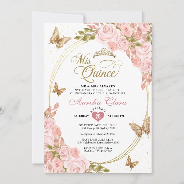 Floral Blush Pink Gold Tiara Butterfly Quinceañera Invitation (Front)