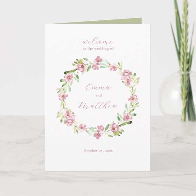 Floral Blush Pink + Green Botanical Wreath Folded Program (Front)
