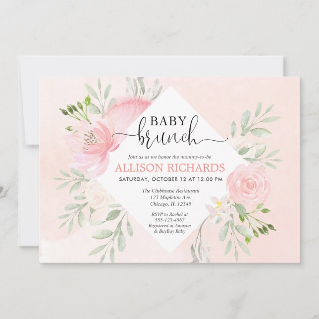 Floral blush pink greenery girl baby brunch shower invitation (Front)