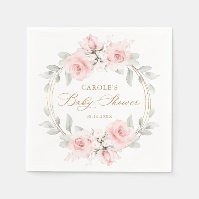 Floral Blush Pink Greenery Gold Baby Shower Napkin (Front)